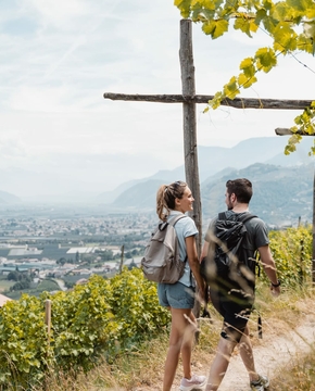 Wandern in Naturns mit Talblick Zwei Wanderer stehen auf einem Weg am Weinberg und blicken über das Tal bei Naturns.